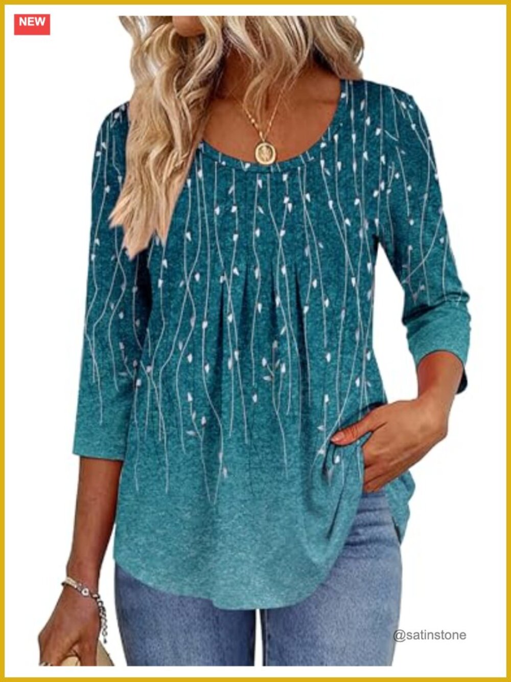 Women's Pleated Tunic Top 3/4 Sleeve Crew Neck Blouse 95% Polyester Soft Stretch